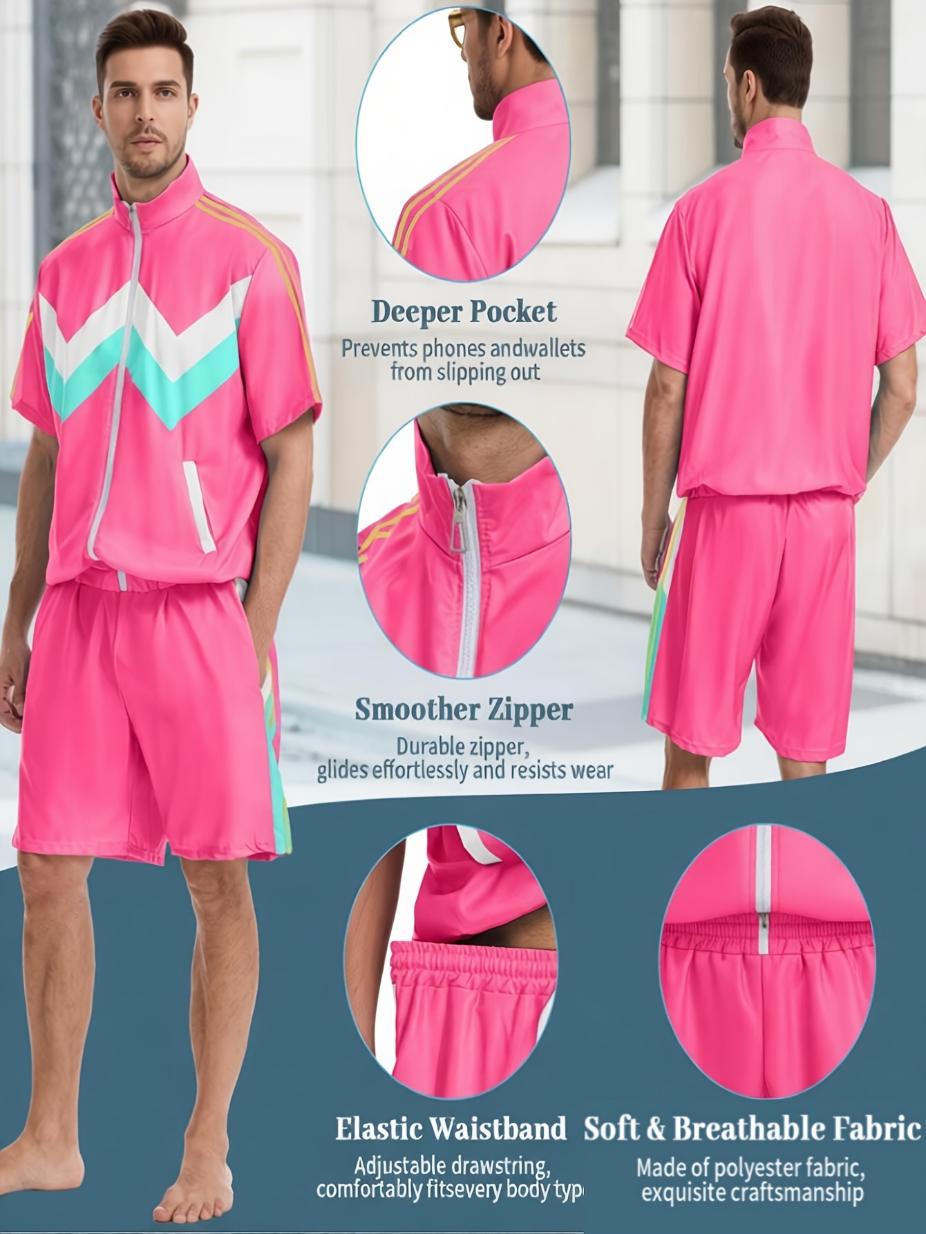 Men's 80s Workout Costume, Retro Color Block Sports Outfit